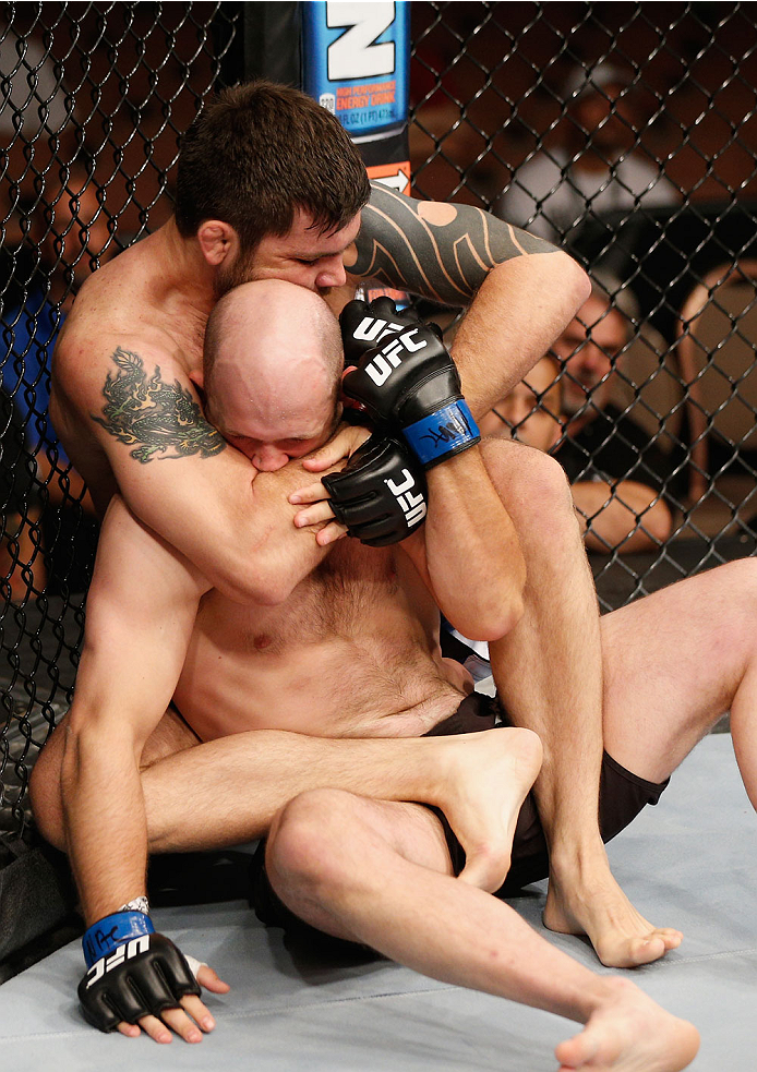 LAS VEGAS, NV - JULY 06:  Robert Drysdale (top) submits Keith Berish in their light heavyweight fight during the The Ultimate Fighter Finale inside the Mandalay Bay Events Center on July 6, 2014 in Las Vegas, Nevada.  (Photo by Josh Hedges/Zuffa LLC/Zuffa