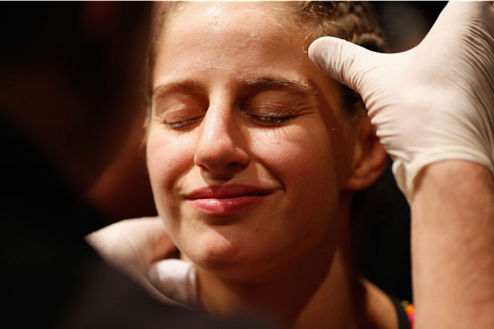 LAS VEGAS, NV - JULY 06: Sarah Moras enters the Octagon in her women's bantamweight fight during the Ultimate Fighter Finale inside the Mandalay Bay Events Center on July 6, 2014 in Las Vegas, Nevada. (Photo by Josh Hedges/Zuffa LLC/Zuffa LLC via Getty