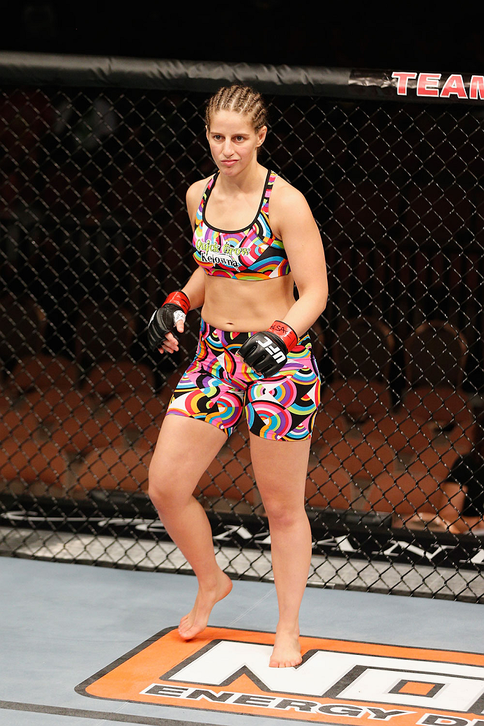 LAS VEGAS, NV - JULY 06: Sarah Moras enters the Octagon in her women's bantamweight fight during the Ultimate Fighter Finale inside the Mandalay Bay Events Center on July 6, 2014 in Las Vegas, Nevada. (Photo by Josh Hedges/Zuffa LLC/Zuffa LLC via Getty