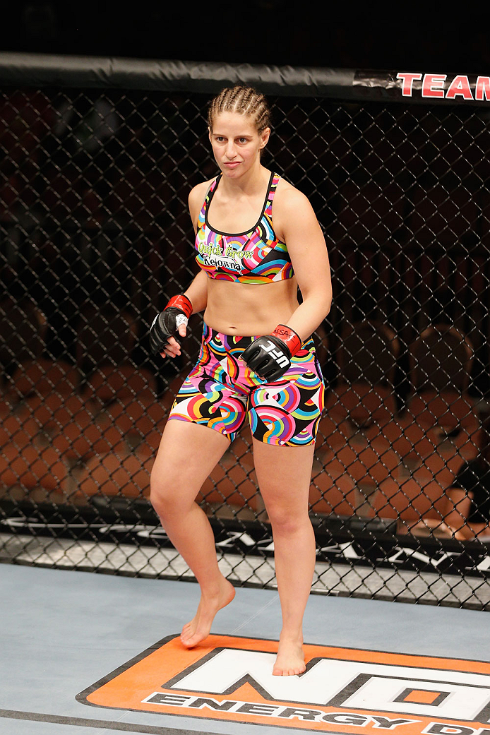 LAS VEGAS, NV - JULY 06:  Sarah Moras enters the Octagon in her women's bantamweight fight during the Ultimate Fighter Finale inside the Mandalay Bay Events Center on July 6, 2014 in Las Vegas, Nevada.  (Photo by Josh Hedges/Zuffa LLC/Zuffa LLC via Getty 