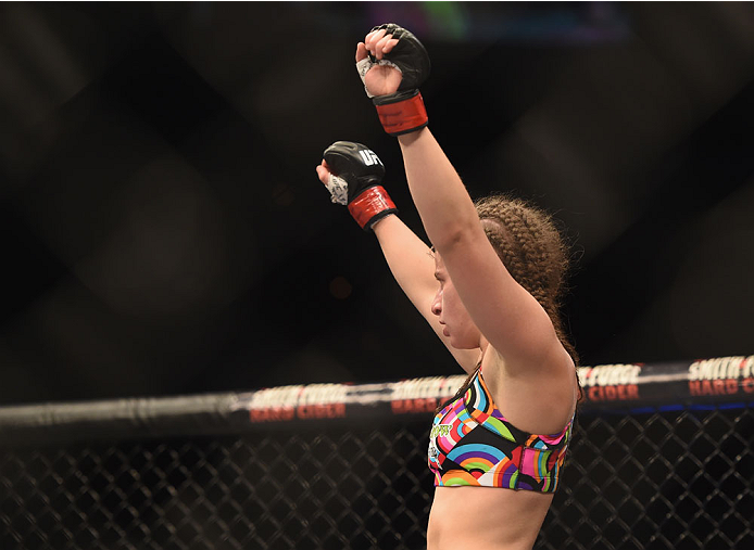 LAS VEGAS, NV - JULY 06: Sarah Moras reacts to her win over Alexis Dufresne in their women's bantamweight fight during the Ultimate Fighter Finale inside the Mandalay Bay Events Center on July 6, 2014 in Las Vegas, Nevada. (Photo by Jeff Bottari/Zuffa L