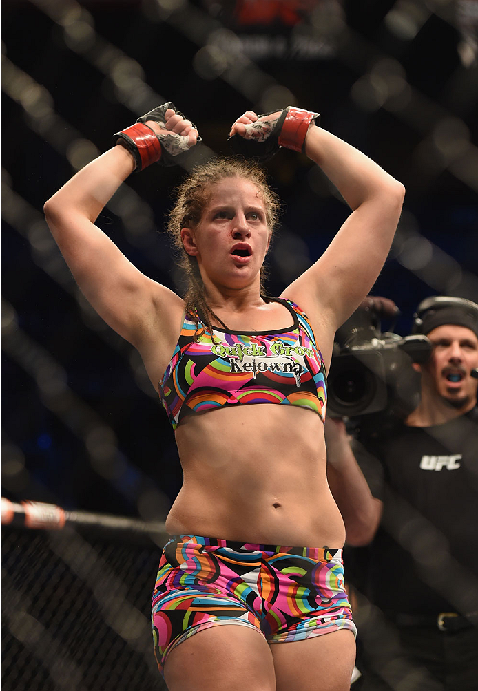 LAS VEGAS, NV - JULY 06:  Sarah Moras reacts to her win over Alexis Dufresne in their women's bantamweight fight during the Ultimate Fighter Finale inside the Mandalay Bay Events Center on July 6, 2014 in Las Vegas, Nevada.  (Photo by Jeff Bottari/Zuffa L