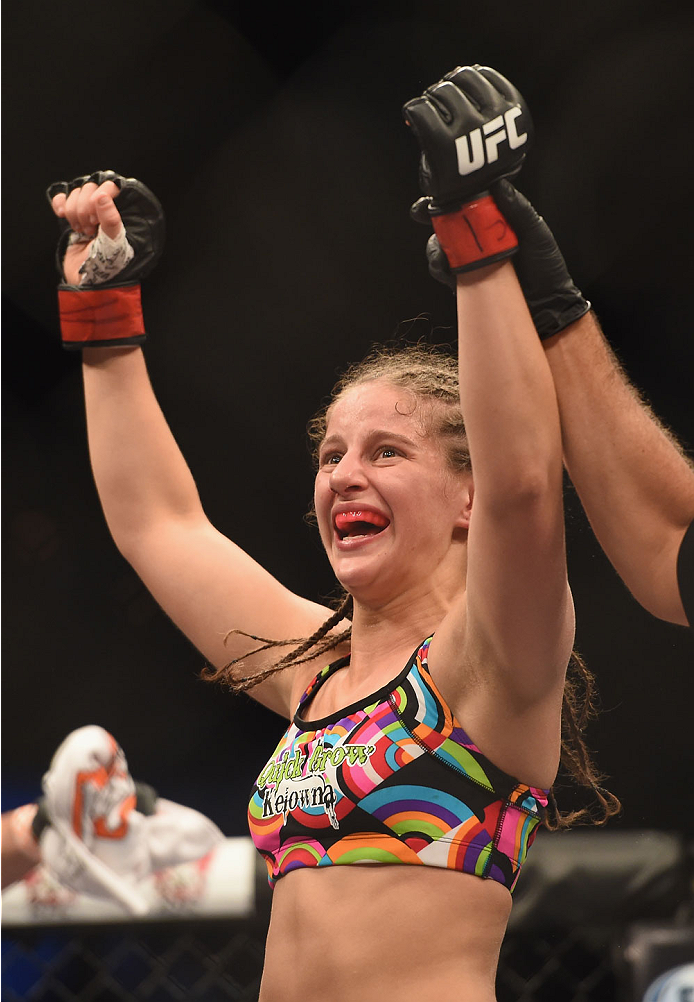 LAS VEGAS, NV - JULY 06:  Sarah Moras reacts to her win over Alexis Dufresne in their women's bantamweight fight during the Ultimate Fighter Finale inside the Mandalay Bay Events Center on July 6, 2014 in Las Vegas, Nevada.  (Photo by Jeff Bottari/Zuffa L