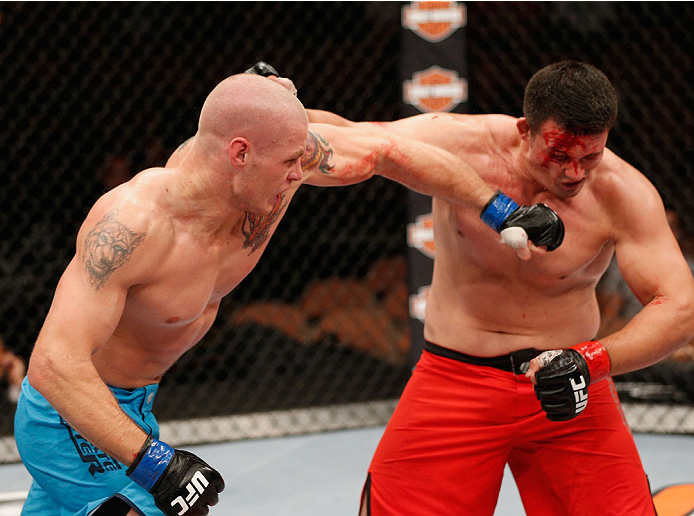 LAS VEGAS, NV - JULY 06:  (L-R) Daniel Spohn punches Patrick Walsh in their light heavyweight fight during the Ultimate Fighter Finale inside the Mandalay Bay Events Center on July 6, 2014 in Las Vegas, Nevada.  (Photo by Josh Hedges/Zuffa LLC/Zuffa LLC v