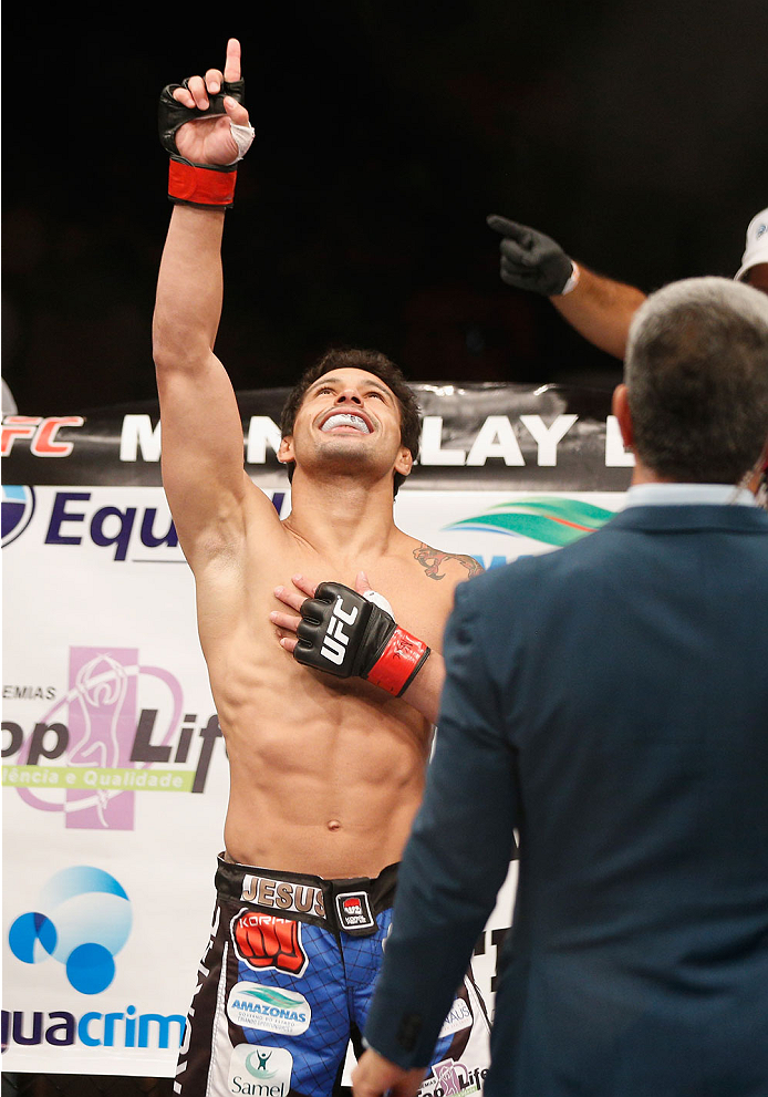 LAS VEGAS, NV - JULY 06: Adriano Martins enters the Octagon for his lightweight fight during the Ultimate Fighter Finale inside the Mandalay Bay Events Center on July 6, 2014 in Las Vegas, Nevada. (Photo by Josh Hedges/Zuffa LLC/Zuffa LLC via Getty Imag