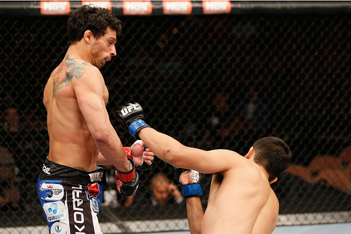 LAS VEGAS, NV - JULY 06:  (L-R) Adriano Martins knocks out Juan Maneul Puig Carreon in their lightweight fight during the Ultimate Fighter Finale inside the Mandalay Bay Events Center on July 6, 2014 in Las Vegas, Nevada.  (Photo by Josh Hedges/Zuffa LLC/