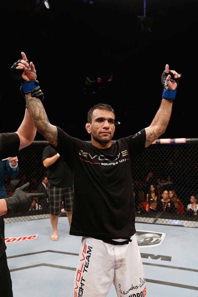 LAS VEGAS, NV - JULY 06: Leandro Issa celebrates after submitting Jumabieke Tuerxun in their bantamweight fight during the Ultimate Fighter Finale inside the Mandalay Bay Events Center on July 6, 2014 in Las Vegas, Nevada. (Photo by Josh Hedges/Zuffa LL