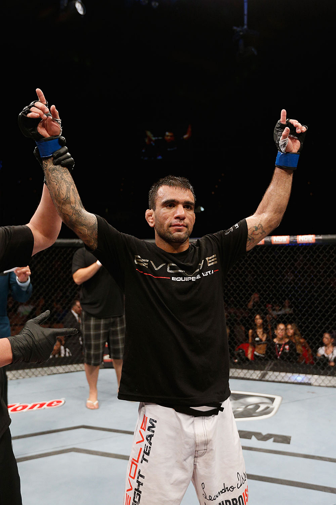 LAS VEGAS, NV - JULY 06:  Leandro Issa celebrates after submitting Jumabieke Tuerxun in their bantamweight fight during the Ultimate Fighter Finale inside the Mandalay Bay Events Center on July 6, 2014 in Las Vegas, Nevada.  (Photo by Josh Hedges/Zuffa LL