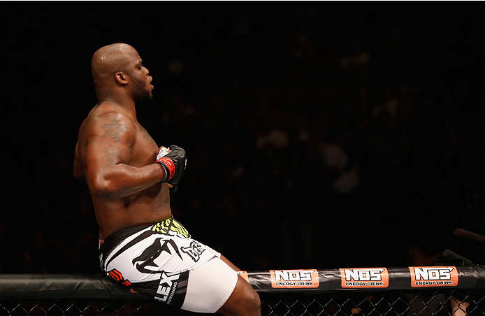 LAS VEGAS, NV - JULY 06:  Derrick Lewis celebrates defeating Guto Inocente in their heavyweight fight during the Ultimate Fighter Finale inside the Mandalay Bay Events Center on July 6, 2014 in Las Vegas, Nevada.  (Photo by Josh Hedges/Zuffa LLC/Zuffa LLC