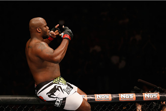 LAS VEGAS, NV - JULY 06:  Derrick Lewis celebrates defeating Guto Inocente in their heavyweight fight during the Ultimate Fighter Finale inside the Mandalay Bay Events Center on July 6, 2014 in Las Vegas, Nevada.  (Photo by Josh Hedges/Zuffa LLC/Zuffa LLC