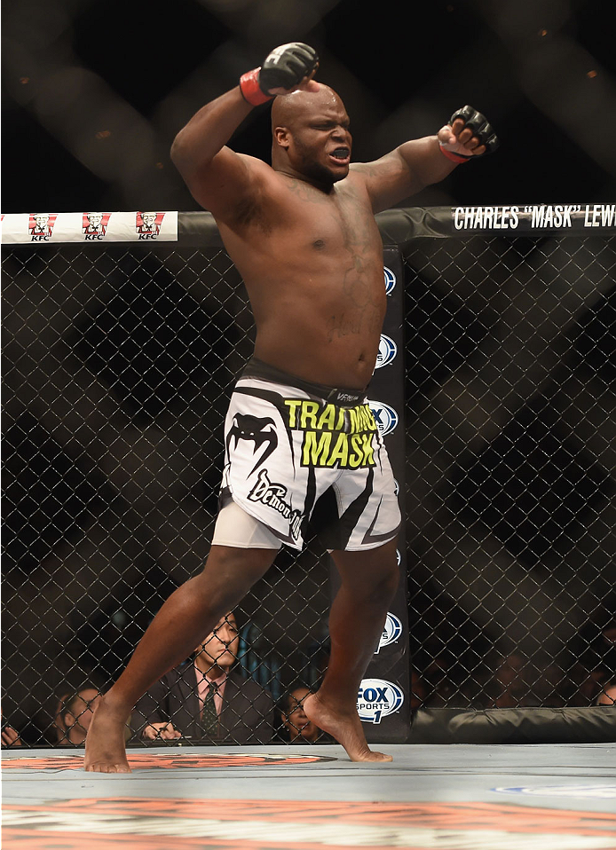 LAS VEGAS, NV - JULY 06: Derrick Lewis celebrates after defeating Guto Inocente in their middleweight fight during the Ultimate Fighter Finale inside the Mandalay Bay Events Center on July 6, 2014 in Las Vegas, Nevada. (Photo by Jeff Bottari/Zuffa LLC/Z