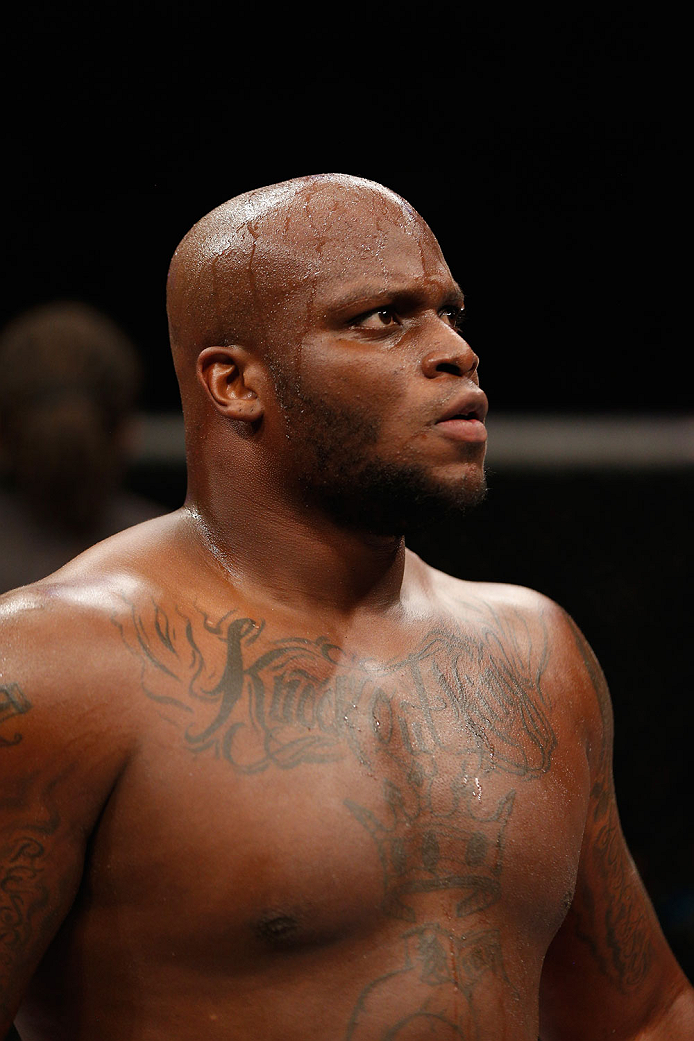 LAS VEGAS, NV - JULY 06:  Derrick Lewis celebrates defeating Guto Inocente in their heavyweight fight during the Ultimate Fighter Finale inside the Mandalay Bay Events Center on July 6, 2014 in Las Vegas, Nevada.  (Photo by Josh Hedges/Zuffa LLC/Zuffa LLC