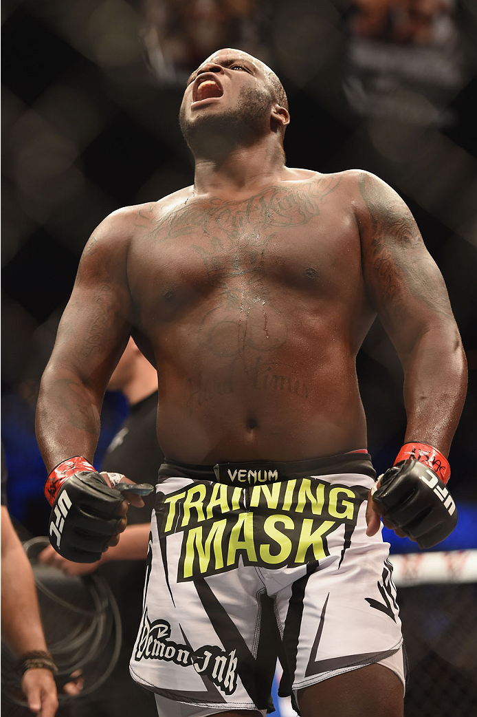 LAS VEGAS, NV - JULY 06: Derrick Lewis celebrates after defeating Guto Inocente in their middleweight fight during the Ultimate Fighter Finale inside the Mandalay Bay Events Center on July 6, 2014 in Las Vegas, Nevada. (Photo by Jeff Bottari/Zuffa LLC/Z
