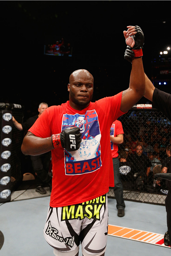 LAS VEGAS, NV - JULY 06:  Derrick Lewis celebrates defeating Guto Inocente in their heavyweight fight during the Ultimate Fighter Finale inside the Mandalay Bay Events Center on July 6, 2014 in Las Vegas, Nevada.  (Photo by Josh Hedges/Zuffa LLC/Zuffa LLC