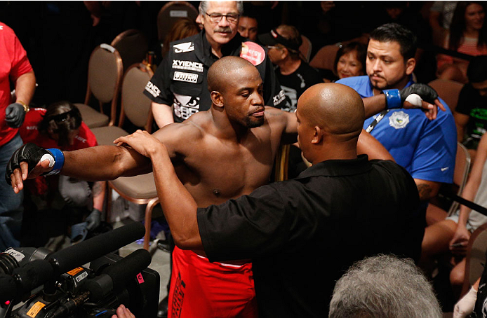 LAS VEGAS, NV - JULY 06:  Eddie Gordon stops at the UFC prep point before entering the Octagon in his middleweight fight during the Ultimate Fighter Finale inside the Mandalay Bay Events Center on July 6, 2014 in Las Vegas, Nevada.  (Photo by Josh Hedges/