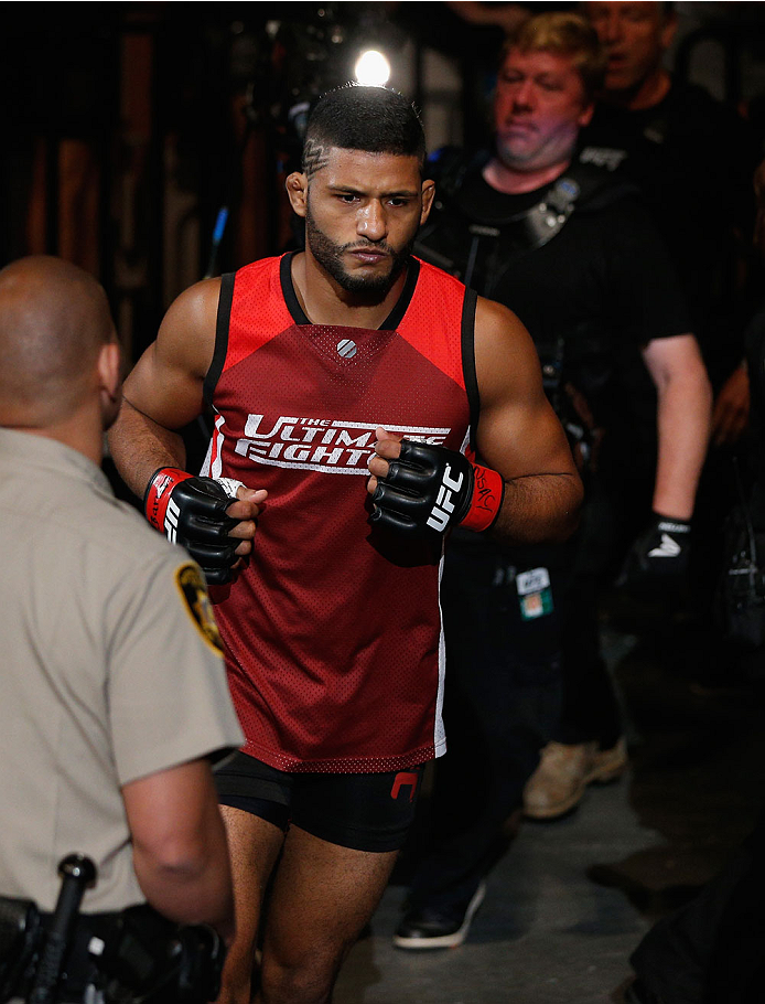 LAS VEGAS, NV - JULY 06:  Dhiego Lima enters the arena in his middleweight fight against Eddie Gordon during the Ultimate Fighter Finale inside the Mandalay Bay Events Center on July 6, 2014 in Las Vegas, Nevada.  (Photo by Josh Hedges/Zuffa LLC/Zuffa LLC