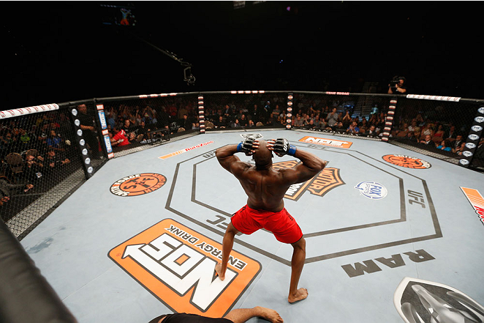 LAS VEGAS, NV - JULY 06: Eddie Gordon celebrates defeating Dhiego Lima after their middleweight fight during the Ultimate Fighter Finale inside the Mandalay Bay Events Center on July 6, 2014 in Las Vegas, Nevada. (Photo by Josh Hedges/Zuffa LLC/Zuffa LL