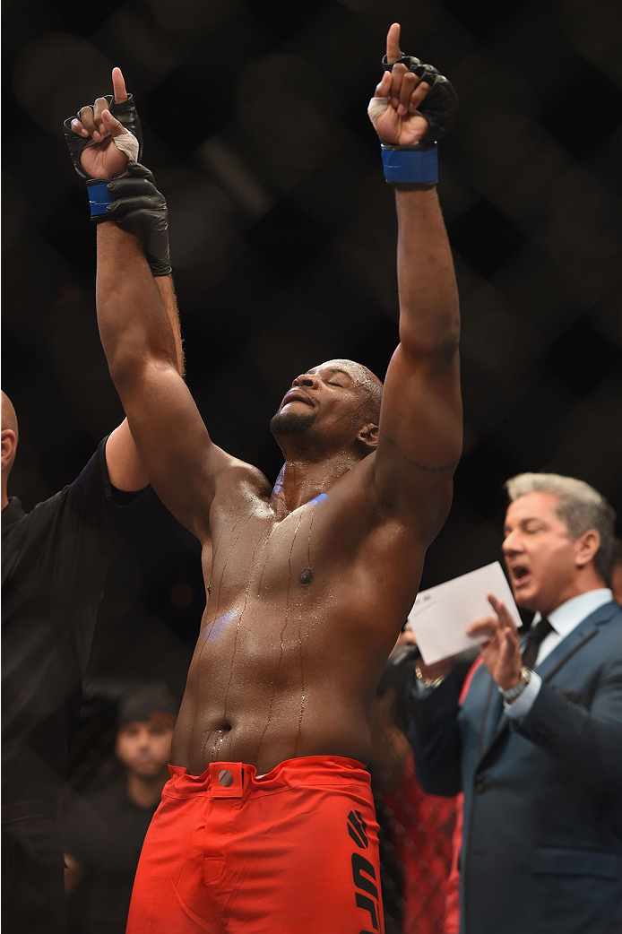 LAS VEGAS, NV - JULY 06:  Eddie Gordon celebrates after defeating Dhiego Lima in their middleweight fight during the Ultimate Fighter Finale inside the Mandalay Bay Events Center on July 6, 2014 in Las Vegas, Nevada.  (Photo by Jeff Bottari/Zuffa LLC/Zuff