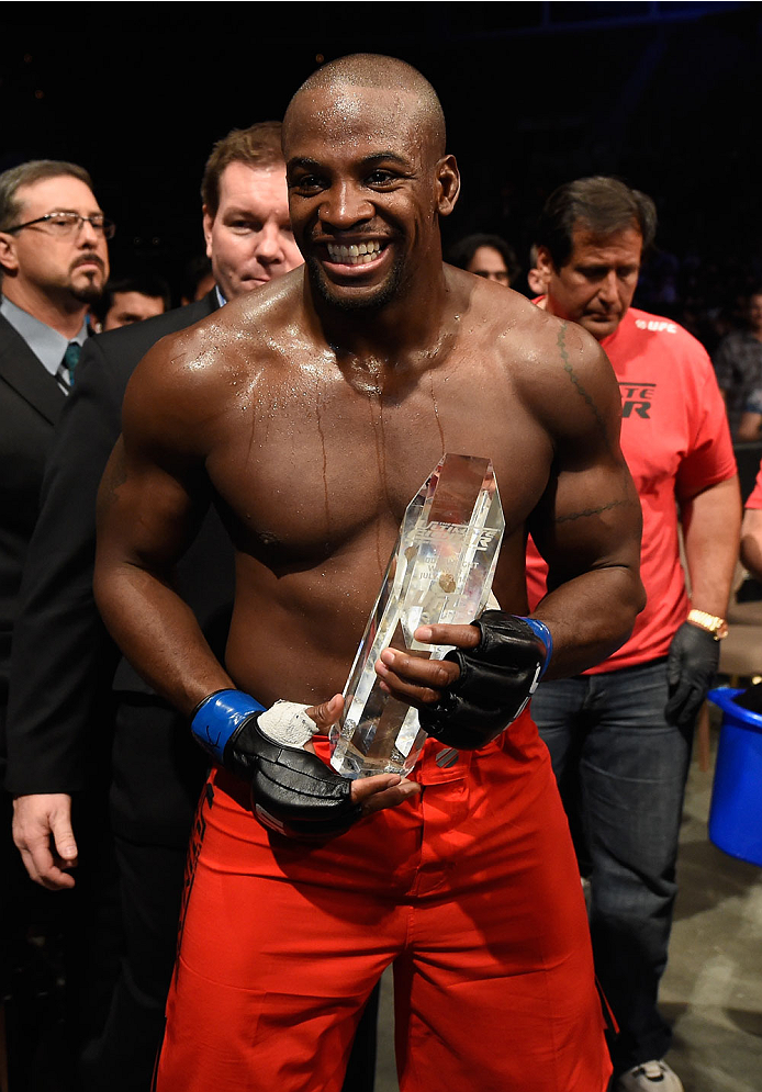 LAS VEGAS, NV - JULY 06: The Ultimate Fighter season 19 winner Eddie Gordon poses for pictures after his middleweight fight with Dhiego Lima during the Ultimate Fighter Finale inside the Mandalay Bay Events Center on July 6, 2014 in Las Vegas, Nevada. (