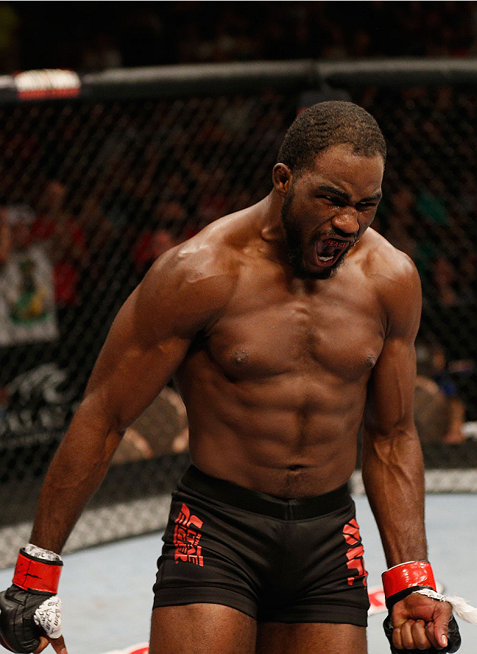 LAS VEGAS, NV - JULY 06: Corey Anderson celebrates after defeating Matt Van Buren in their light heavyweight fight during the Ultimate Fighter Finale inside the Mandalay Bay Events Center on July 6, 2014 in Las Vegas, Nevada. (Photo by Josh Hedges/Zuffa