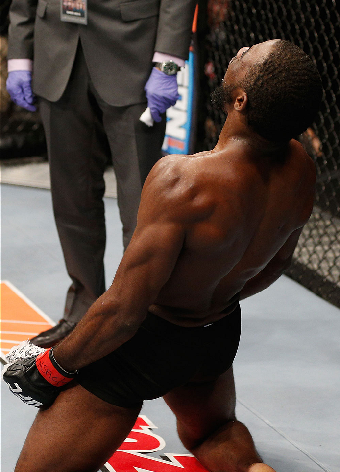 LAS VEGAS, NV - JULY 06: Corey Anderson celebrates after defeating Matt Van Buren in their light heavyweight fight during the Ultimate Fighter Finale inside the Mandalay Bay Events Center on July 6, 2014 in Las Vegas, Nevada.  (Photo by Josh Hedges/Zuffa 