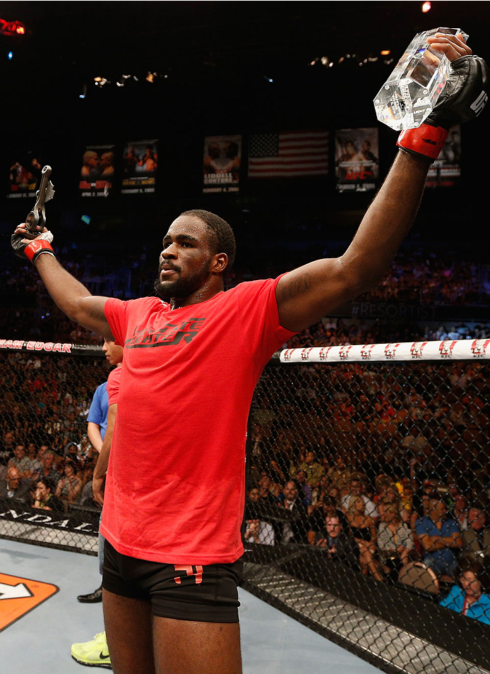 LAS VEGAS, NV - JULY 06:  Corey Anderson celebrates after his win over Matt Van Buren in their light heavyweight fight during the Ultimate Fighter Finale inside the Mandalay Bay Events Center on July 6, 2014 in Las Vegas, Nevada.  (Photo by Josh Hedges/Zu