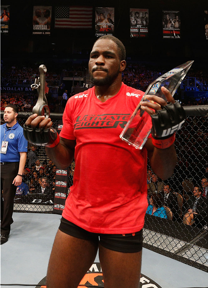 LAS VEGAS, NV - JULY 06:  Corey Anderson celebrates after his win over Matt Van Buren in their light heavyweight fight during the Ultimate Fighter Finale inside the Mandalay Bay Events Center on July 6, 2014 in Las Vegas, Nevada.  (Photo by Josh Hedges/Zu