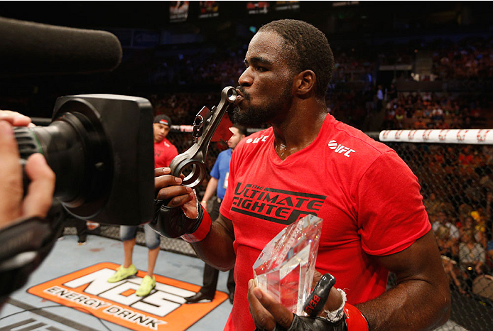 LAS VEGAS, NV - JULY 06:  Corey Anderson celebrates after his win over Matt Van Buren in their light heavyweight fight during the Ultimate Fighter Finale inside the Mandalay Bay Events Center on July 6, 2014 in Las Vegas, Nevada.  (Photo by Josh Hedges/Zu