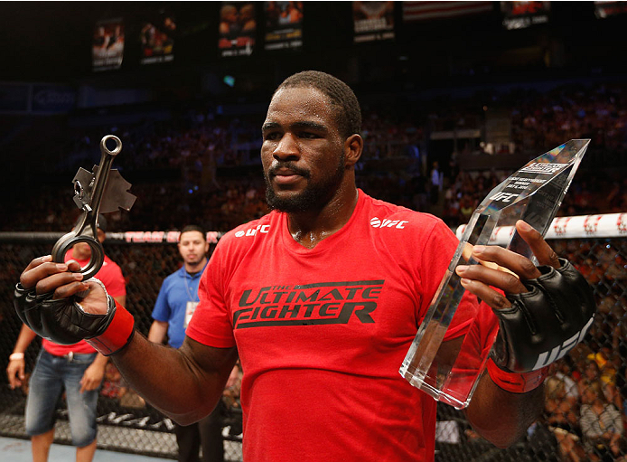 LAS VEGAS, NV - JULY 06:  Corey Anderson celebrates after his win over Matt Van Buren in their light heavyweight fight during the Ultimate Fighter Finale inside the Mandalay Bay Events Center on July 6, 2014 in Las Vegas, Nevada.  (Photo by Josh Hedges/Zu