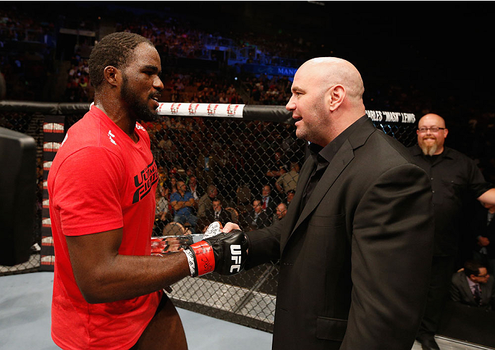LAS VEGAS, NV - JULY 06: (R-L) UFC President Dana White congratulates Corey Anderson after his light heavyweight fight against Matt Van Buren during the Ultimate Fighter Finale inside the Mandalay Bay Events Center on July 6, 2014 in Las Vegas, Nevada.