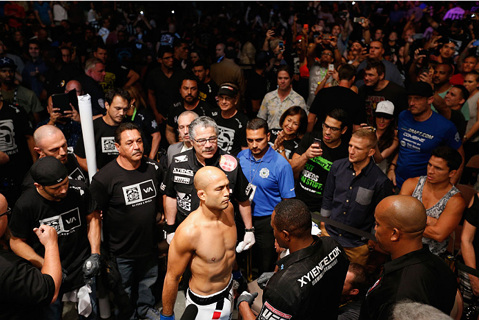 LAS VEGAS, NV - JULY 06: BJ Penn stands on the UFC prep point before his featherweight fight with Frankie Edgar during the Ultimate Fighter Finale inside the Mandalay Bay Events Center on July 6, 2014 in Las Vegas, Nevada. (Photo by Josh Hedges/Zuffa LL