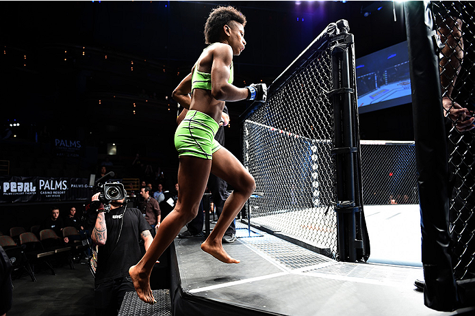 LAS VEGAS, NEVADA - DECEMBER 12: Angela Hill prepares to enter the Octagon before facing Emily Kagan in their strawweight fight during The Ultimate Fighter Finale event inside the Pearl concert theater at the Palms Casino Resort on December 12, 2014 in La