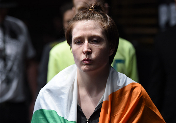LAS VEGAS, NEVADA - DECEMBER 12: Aisling Daly prepares to enter the Octagon before facing Aisling Daly in their strawweight fight during The Ultimate Fighter Finale event inside the Pearl concert theater at the Palms Casino Resort on December 12, 2014 in
