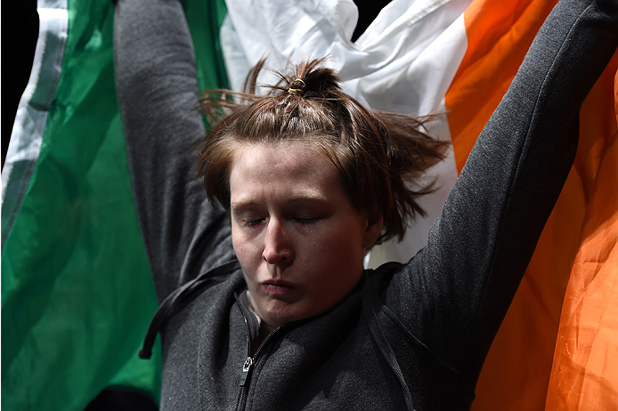 LAS VEGAS, NEVADA - DECEMBER 12: Aisling Daly prepares to enter the Octagon before facing Aisling Daly in their strawweight fight during The Ultimate Fighter Finale event inside the Pearl concert theater at the Palms Casino Resort on December 12, 2014 in