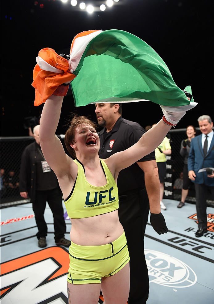 LAS VEGAS, NEVADA - DECEMBER 12: Aisling Daly celebrates her submission victory over Alex Chambers in their strawweight fight during The Ultimate Fighter Finale event inside the Pearl concert theater at the Palms Casino Resort on December 12, 2014 in Las
