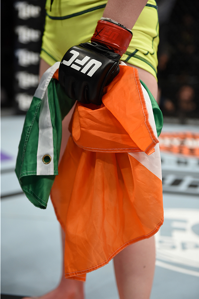 LAS VEGAS, NEVADA - DECEMBER 12: Aisling Daly celebrates her submission victory over Alex Chambers in their strawweight fight during The Ultimate Fighter Finale event inside the Pearl concert theater at the Palms Casino Resort on December 12, 2014 in Las