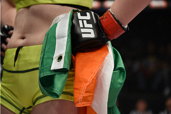 LAS VEGAS, NEVADA - DECEMBER 12: Aisling Daly celebrates her submission victory over Alex Chambers in their strawweight fight during The Ultimate Fighter Finale event inside the Pearl concert theater at the Palms Casino Resort on December 12, 2014 in Las