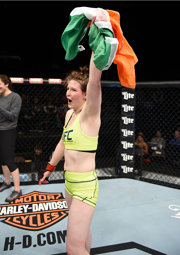 LAS VEGAS, NEVADA - DECEMBER 12: Aisling Daly celebrates her submission victory over Alex Chambers in their strawweight fight during The Ultimate Fighter Finale event inside the Pearl concert theater at the Palms Casino Resort on December 12, 2014 in Las