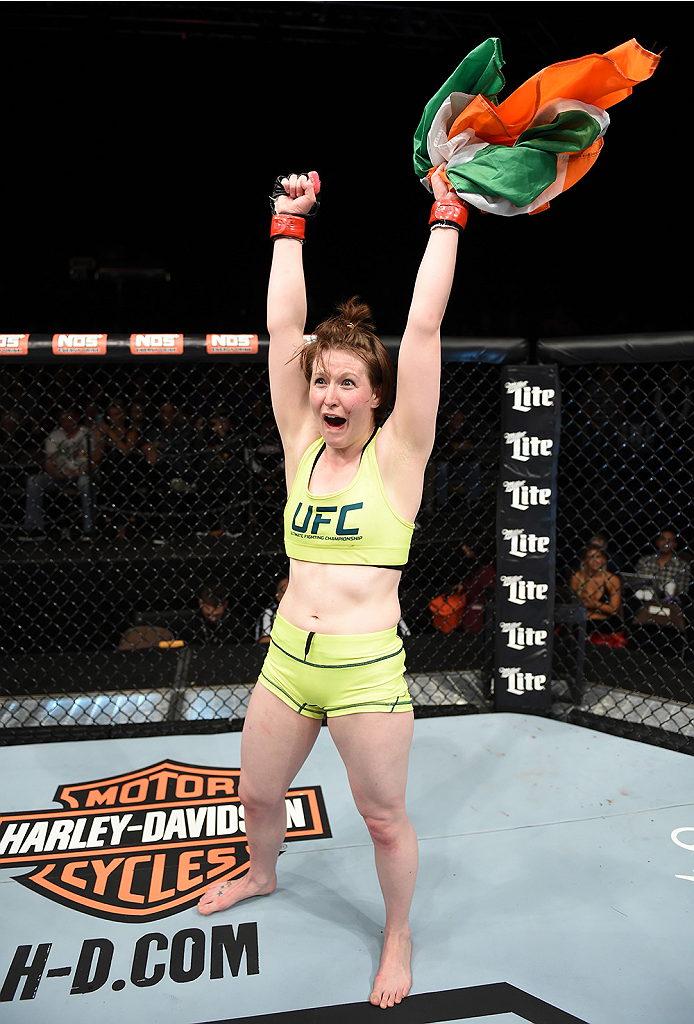 LAS VEGAS, NEVADA - DECEMBER 12: Aisling Daly celebrates her submission victory over Alex Chambers in their strawweight fight during The Ultimate Fighter Finale event inside the Pearl concert theater at the Palms Casino Resort on December 12, 2014 in Las