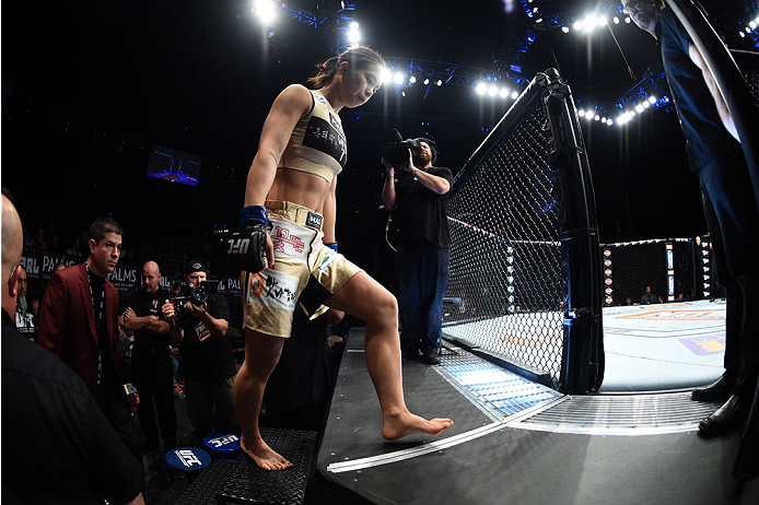 LAS VEGAS, NEVADA - DECEMBER 12: Seohee Ham enters the Octagon before facing Joanne Calderwood in their strawweight fight during The Ultimate Fighter Finale event inside the Palms Casino Resort on December 12, 2014 in Las Vegas, Nevada. (Photo by Jeff Bot