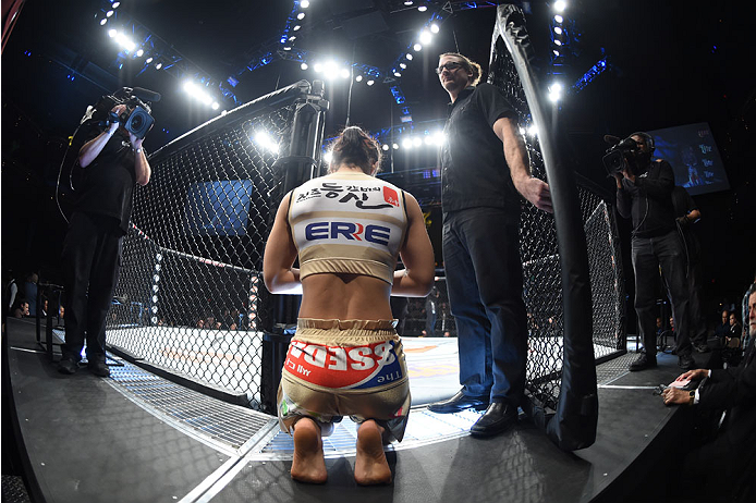 LAS VEGAS, NEVADA - DECEMBER 12: Seohee Ham enters the Octagon before facing Joanne Calderwood in their strawweight fight during The Ultimate Fighter Finale event inside the Palms Casino Resort on December 12, 2014 in Las Vegas, Nevada. (Photo by Jeff Bot