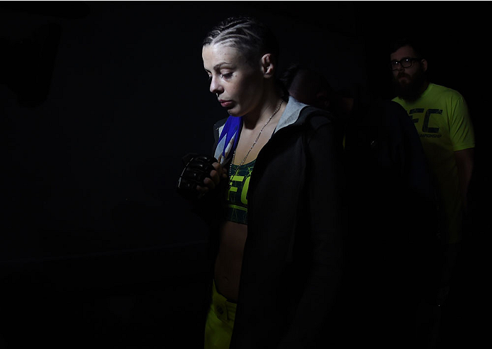 LAS VEGAS, NEVADA - DECEMBER 12: Joanne Calderwood prepares to enter the Octagon before facing Seohee Ham in their strawweight fight during The Ultimate Fighter Finale event inside the Palms Casino Resort on December 12, 2014 in Las Vegas, Nevada. (Photo