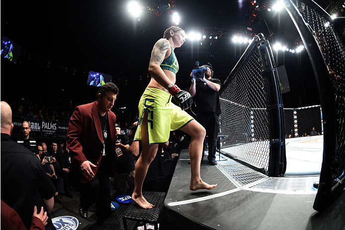 LAS VEGAS, NEVADA - DECEMBER 12: Joanne Calderwood enters the Octagon before facing Seohee Ham in their strawweight fight during The Ultimate Fighter Finale event inside the Palms Casino Resort on December 12, 2014 in Las Vegas, Nevada. (Photo by Jeff Bot