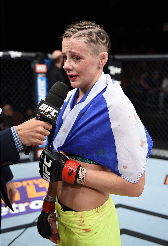 LAS VEGAS, NEVADA - DECEMBER 12: Joanne Calderwood celebrates her victory over Seohee Ham in their strawweight fight during The Ultimate Fighter Finale event inside the Palms Casino Resort on December 12, 2014 in Las Vegas, Nevada. (Photo by Jeff Bottari
