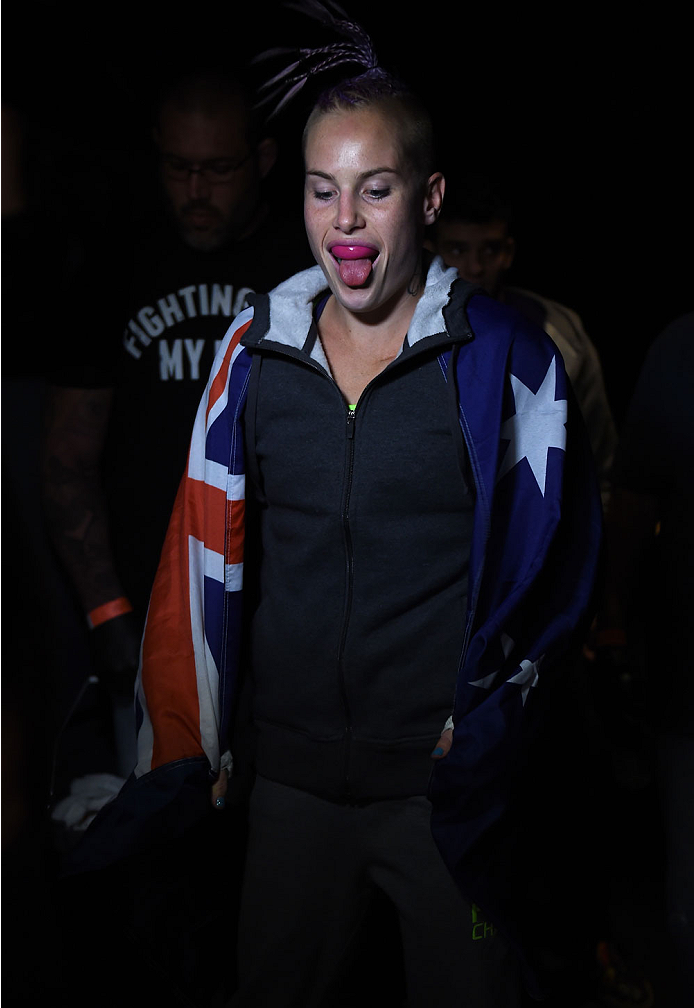 LAS VEGAS, NEVADA - DECEMBER 12: Bec Rawlings prepares to enter the Octagon before facing Heather Jo Clark in their strawweight fight during The Ultimate Fighter Finale event inside the Pearl concert theater at the Palms Casino Resort on December 12, 2014