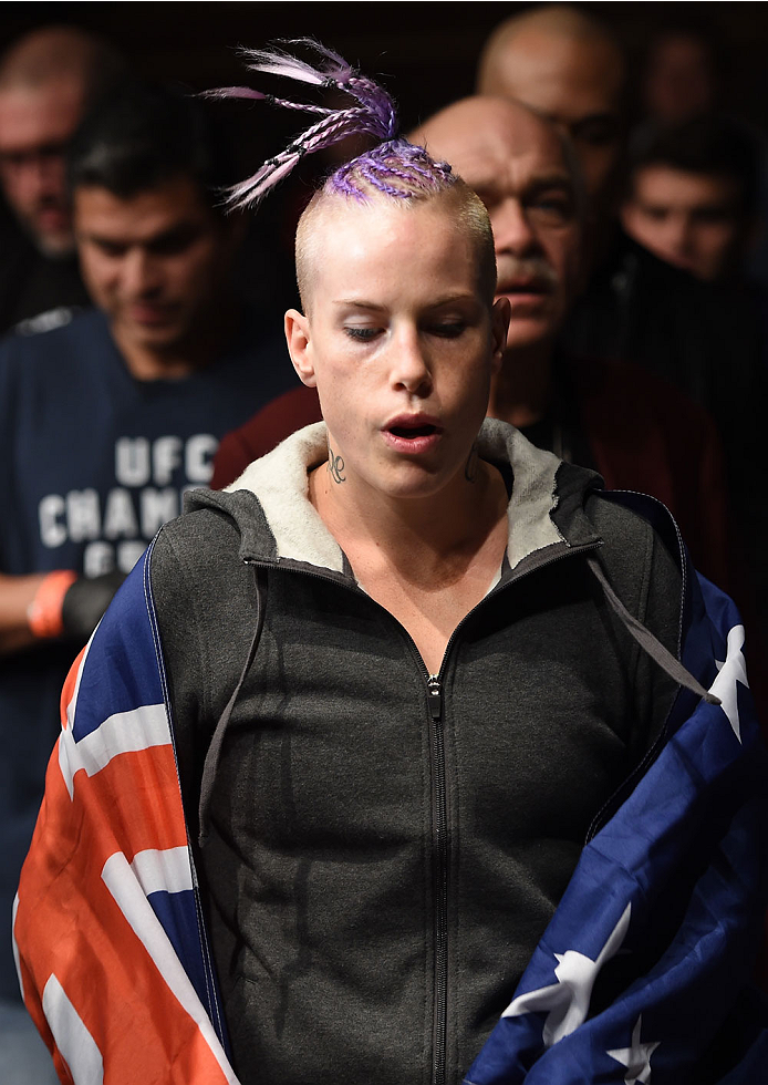 LAS VEGAS, NEVADA - DECEMBER 12: Bec Rawlings prepares to enter the Octagon before facing Heather Jo Clark in their strawweight fight during The Ultimate Fighter Finale event inside the Pearl concert theater at the Palms Casino Resort on December 12, 2014