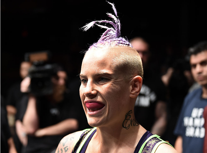 LAS VEGAS, NEVADA - DECEMBER 12: Bec Rawlings prepares to enter the Octagon before facing Heather Jo Clark in their strawweight fight during The Ultimate Fighter Finale event inside the Pearl concert theater at the Palms Casino Resort on December 12, 2014