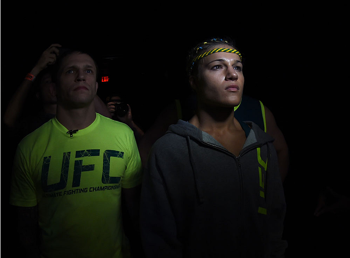 LAS VEGAS, NEVADA - DECEMBER 12: Felice Herrig prepares to enter the Octagon before facing Lisa Ellis in their strawweight fight during The Ultimate Fighter Finale event inside the Pearl concert theater at the Palms Casino Resort on December 12, 2014 in L