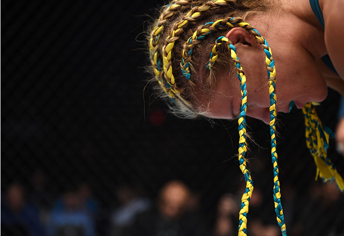 LAS VEGAS, NEVADA - DECEMBER 12: Felice Herrig takes a breath after her submission victory over Lisa Ellis in their strawweight fight during The Ultimate Fighter Finale event inside the Pearl concert theater at the Palms Casino Resort on December 12, 201