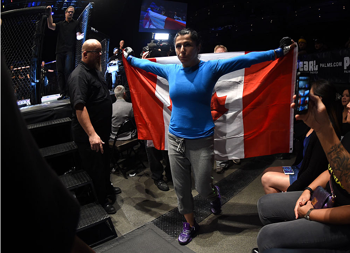 LAS VEGAS, NEVADA - DECEMBER 12: Randa Markos prepares to enter the Octagon before facing Jessica Penne in their strawweight fight during The Ultimate Fighter Finale event inside the Pearl concert theater at the Palms Casino Resort on December 12, 2014 i